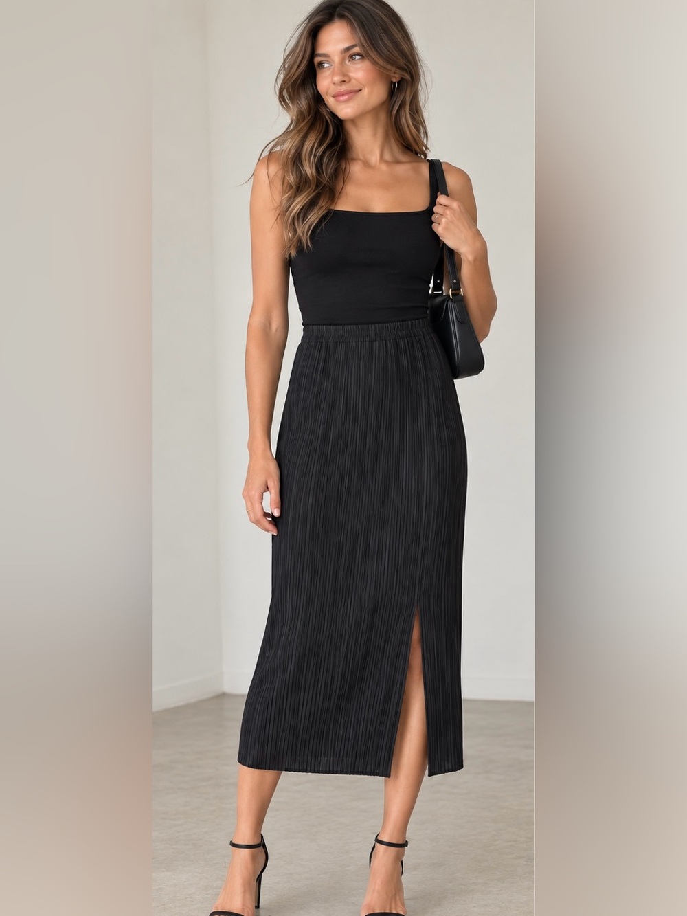 Adrianna Papell Black Pleated Midi Skirt Comfort Free Waist Size Small